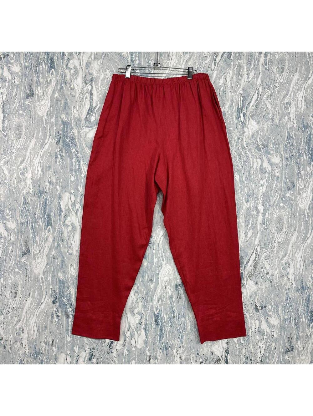 Boho Minimalist Lagenlook Red High-Waisted Capri Trousers (2)